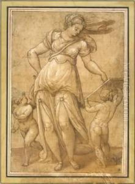 Sybille En Pied Avec Deux Amours Dont L'un Tenant UneTablette Oil Painting by Orazio Samacchini