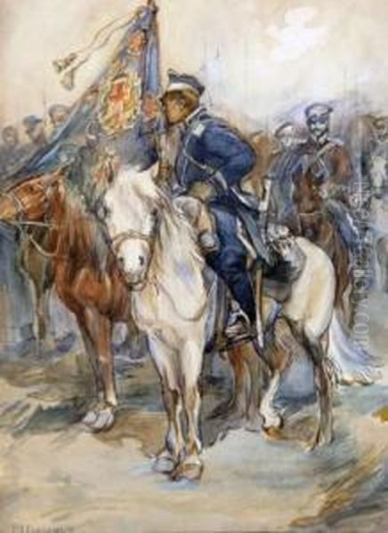 Battle Scene Oil Painting by Nikolai Semenovich Samokish