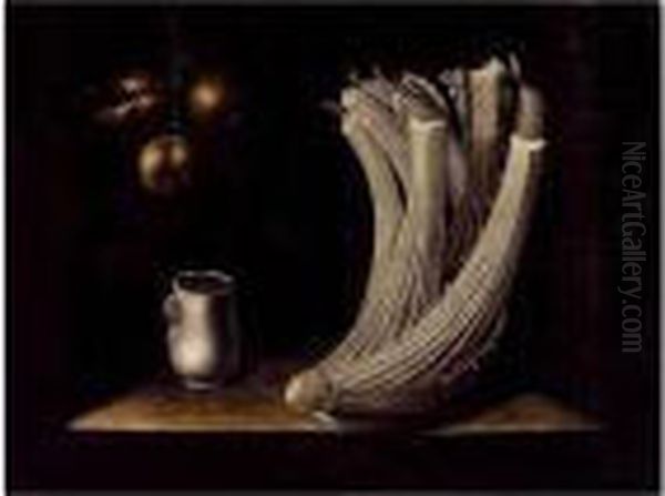 Still Life With A Cardoon, A Pewter Drinking Cup And Hanging Apples Oil Painting by Juan Sanchez Cotan