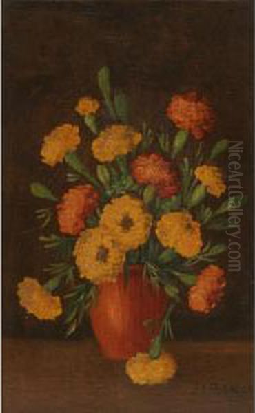 Floral Still Life With Zinnias Oil Painting by Henry L. Sanger