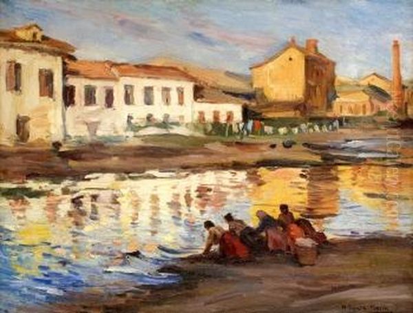 Lavanderas En El Rio Oil Painting by Marceliano Santa Maria Sedano