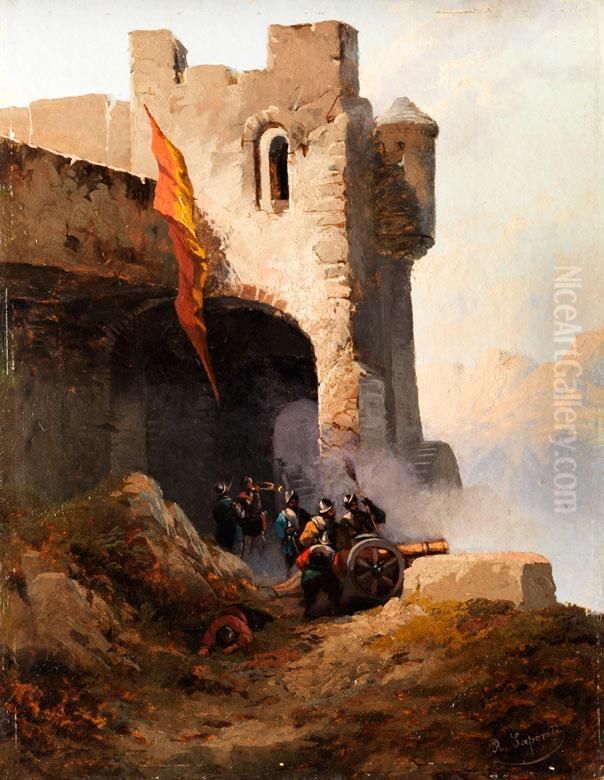 Kanoniere An Einem Festungsturm In ItalienischerBerglandschaft Oil Painting by Rinaldo Saporiti