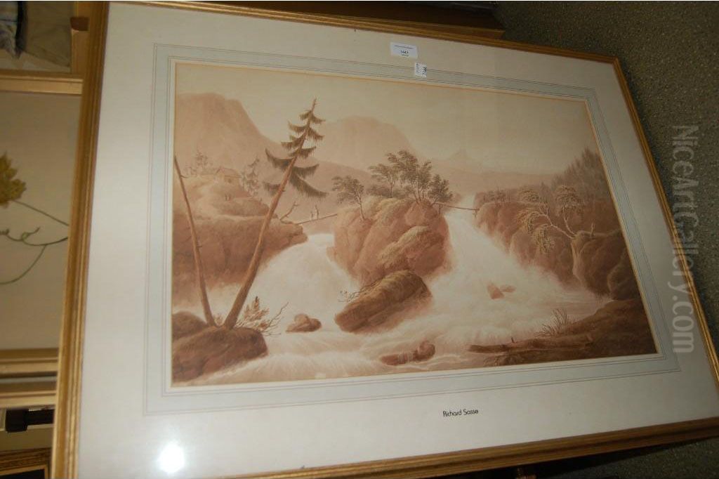 Colonial Waterfall With Pines And LogCabin Oil Painting by Richard Sasse