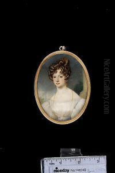 A Lady, Wearing White Dress With Mauve Waistband, Long Gold Chain Necklace, Drop Earrings And Red Flower In Her Upswept Hair Oil Painting by Saunders, George Lethbridge