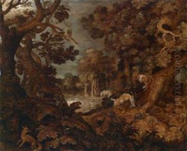 Waldlandschaft Mit Vielen Tieren Oil Painting by Hans Savery