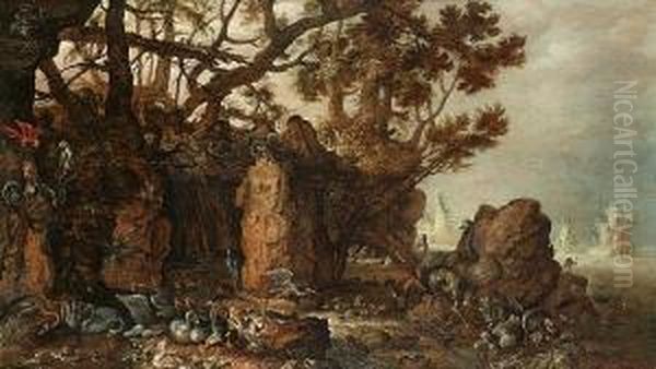 A Coastal Inlet With Turkeys, Dodos, Cassowaries, A Heron And Other Birds On The Shore Oil Painting by Hans Savery