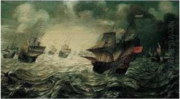 A Sea-piece, With Dutch Men-o'-war Offshore In Stormy Weather Oil Painting by Hans Savery