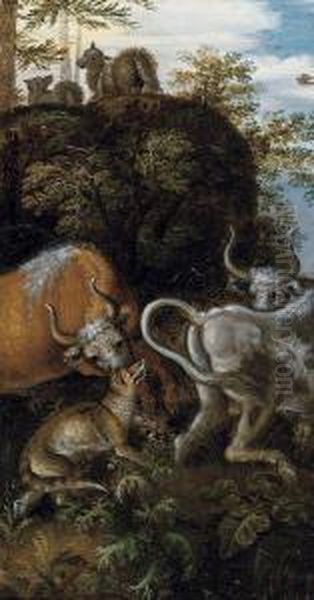 Betail Attaque Par Un Chacal Dans Un Paysage Boise Oil Painting by Roelandt Jacobsz Savery