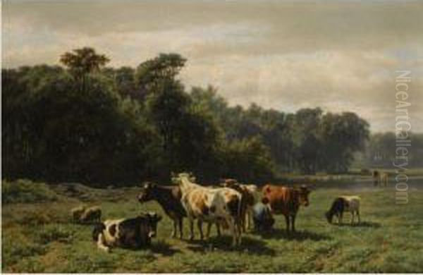 A Peasant With Cattle In A Sunlit Meadow Oil Painting by Hendrik Savrij