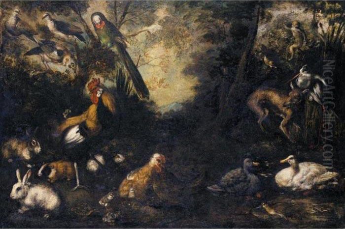 A Woodland Clearing With Ducks, A Fox, Rabbits, A Tortoise, Monkeys, A Parrot, Heron, Jay And Other Birds Oil Painting by Andrea Scacciati I