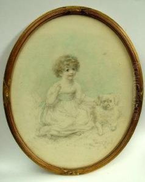 Study Of A Girl With A Blue Ribbon In Her HairAnd A Dog Oil Painting by Edith Scannell