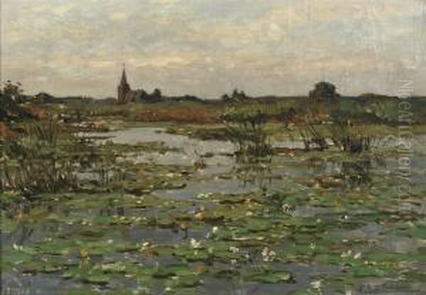 Kortenhoefsche Plassen: Water-lilies Near Kortenhoef Oil Painting by Egbert Rubertus Derk Schaap