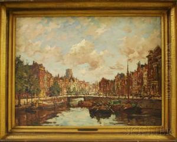 View Of Barges On A Canal Oil Painting by Hendrik Schaap