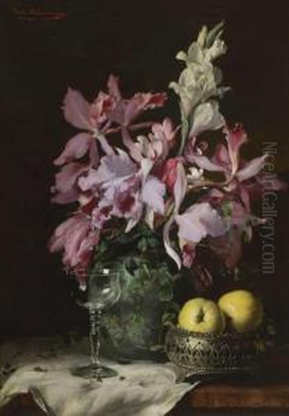 Stillleben Mit Iris Und Gladiolen In Einer Glasvase Oil Painting by Gabriel Schachinger