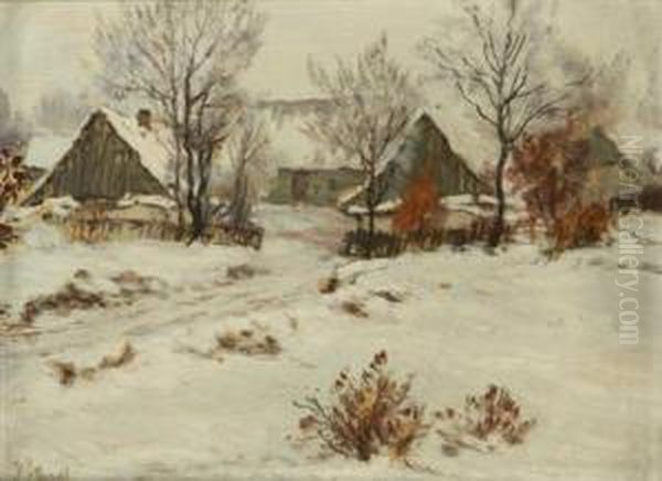 Winter In A Village Oil Painting by Karel Schadt