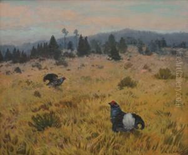 Mating Wood Grouse Oil Painting by Karel Schadt