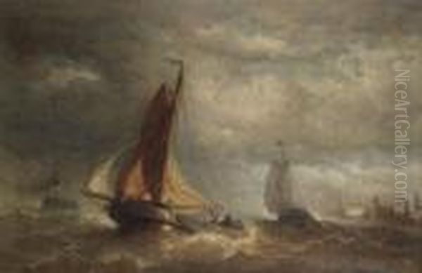Zeilboten Voor De Kust Bijonweerachtig Weer Met Hollandse Haven In De Verte Oil Painting by Hendrik Frans Schaefels