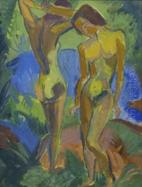 Zwei Weibliche Akte Oil Painting by Fritz Schaefler