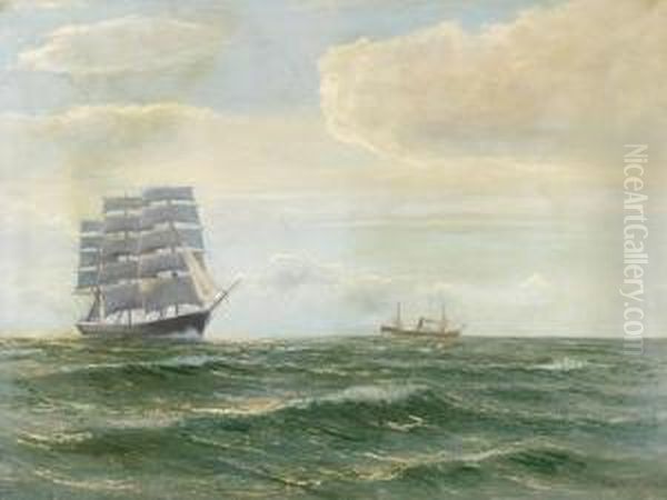 Vollschiff Und Dampfer Auf See Oil Painting by Franz Schaffner