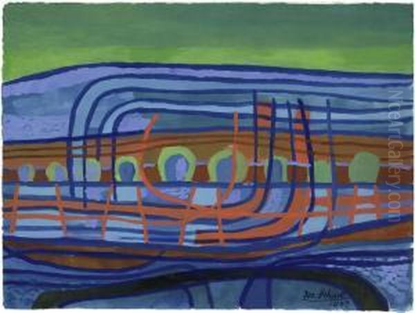 Blau-rote Landschaft Mit Grunem Himmel Oil Painting by Josef Scharl