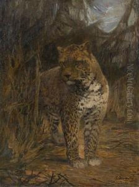 Leopard Oil Painting by Ferdinand Schebek