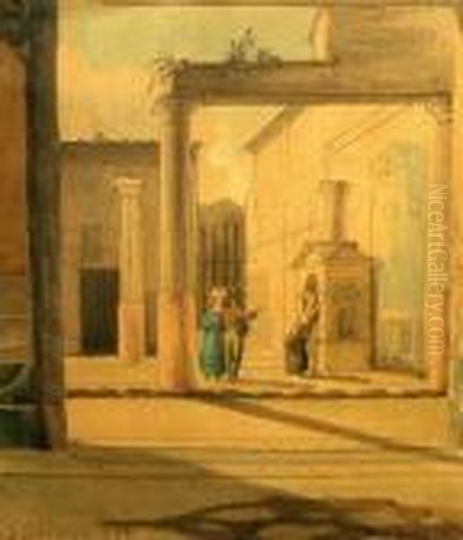 Figures Gathered AtA Well In An Italianate Courtyard Scene Oil Painting by Silvestro Feodorov. Schedrin