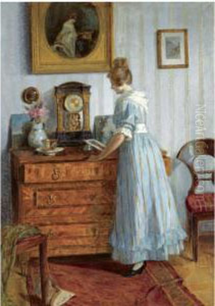 An Elegant Lady In An Interior Oil Painting by Robert Scheffer