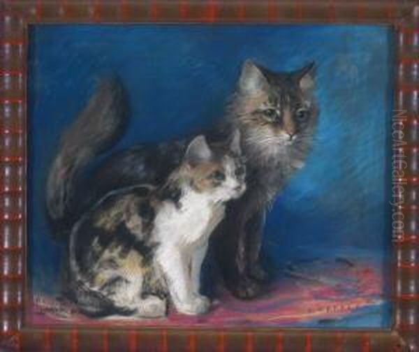 Katze Und Katzchen Vor Blauem Hintergrund Oil Painting by Karl Hermann Schellback
