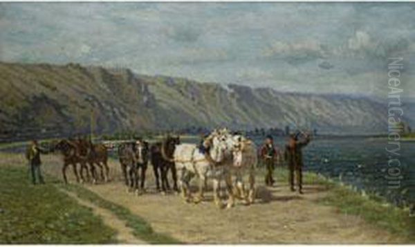 Treidlergespanne An Einem Flussufer Oil Painting by Cornelis Albertus Johannes Schermer