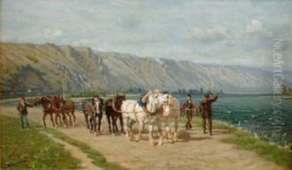 Les Chevaux De Halage
 Toile D'origine 46 X 78 Cm Oil Painting by Cornelis Albertus Johannes Schermer