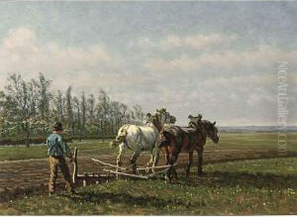 A Ploughing Farmer Oil Painting by Cornelis Albertus Johannes Schermer