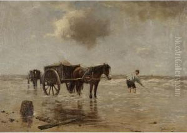 Shell Fisher On A Beach Oil Painting by Johan Frederik Corn. Scherrewitz