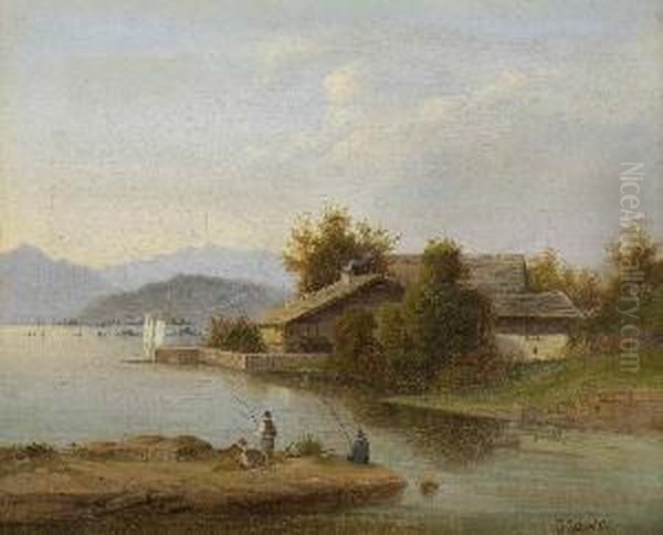 Angler Am Ufer Eines Vorgebirgssees. Oil Painting by Josef Schertel