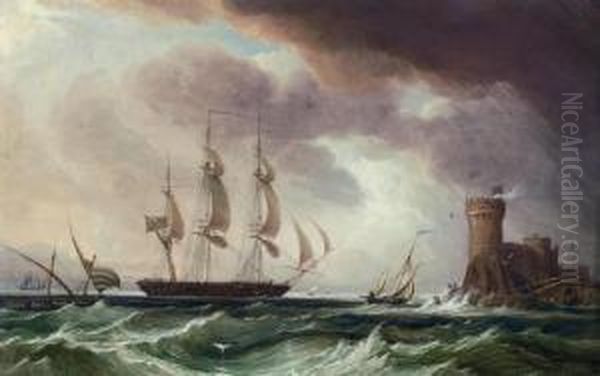 An English Frigate Arriving Off A Fortified Mediterraneanport Oil Painting by John Christian Schetky