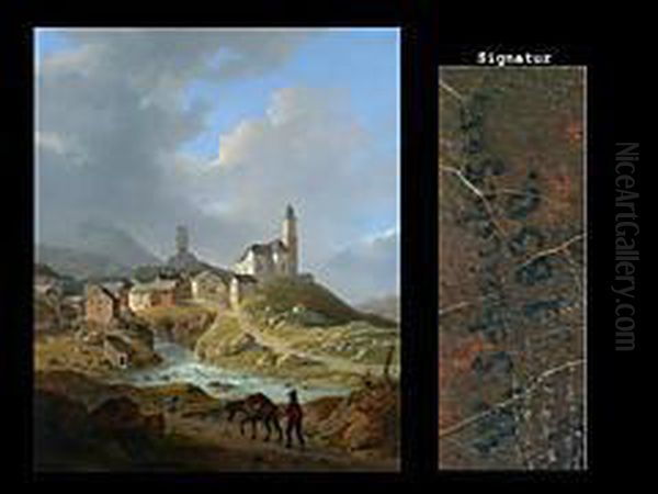 Dorf Mit Gewasser Und Kirche Sowie Wehrturm In Den Bergen Oil Painting by Wilhelm Rudolf Scheuchzer