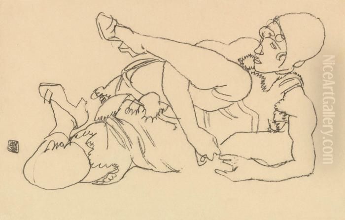 Liegende Mit Angezogenem Rechten Bein Oil Painting by Egon Schiele