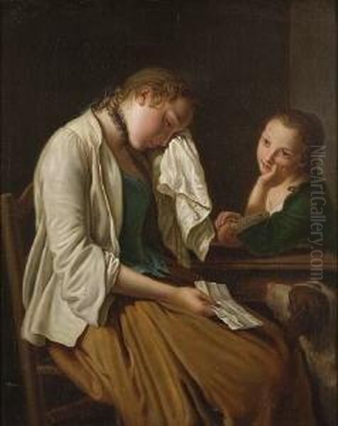 Schlafendes Madchen - Weinendes Madchen Mit Brief. Oil Painting by Josef Schierl