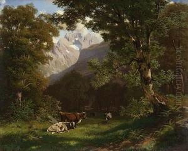 Kuhe Auf Einer Waldlichtung. Oil Painting by Traugott Schiess