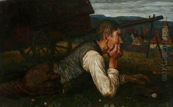 Farmer And Cart In A Field Before A Village Oil Painting by Matthaus Schiestl