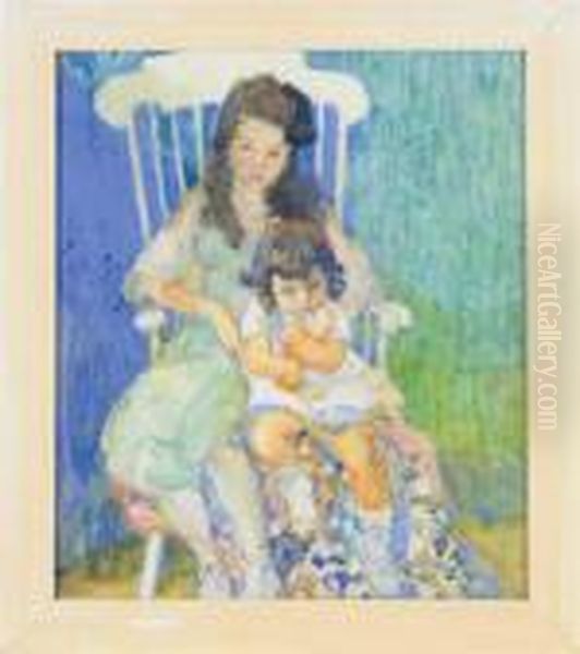 Portrait Of Two Sisters In A Rocking Chair Oil Painting by Alice Schille
