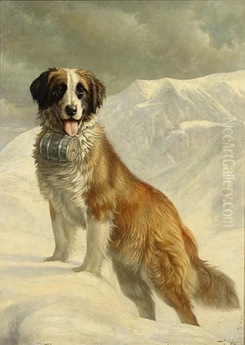 Sint Bernardshond In De Sneeuw Oil Painting by Joseph, Jos. Schippers