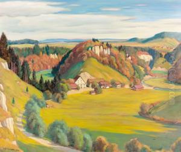 Hugelige Landschaft In Der Ostschweiz Mit Gehoft Und Fluss. Oil Painting by Ernst Emil Schlatter