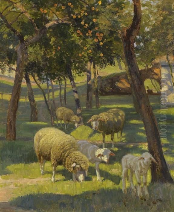 Schafe Unter Obstbaumen Oil Painting by Johann Georg Schlech