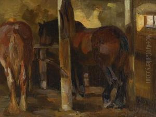 Pferde Im Stall Oil Painting by Johann Georg Schlech