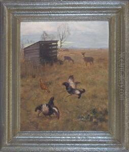 Zwei Um Ein Huhn Balzende Birkhahne Vor Einem Unterstand Mit Zwei Rehen In Weiter Dammeriger Landschaft Oil Painting by Johann Georg Schlech