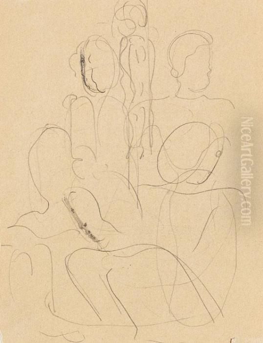 Figurengruppe - 6 Personen Oil Painting by Oskar Schlemmer