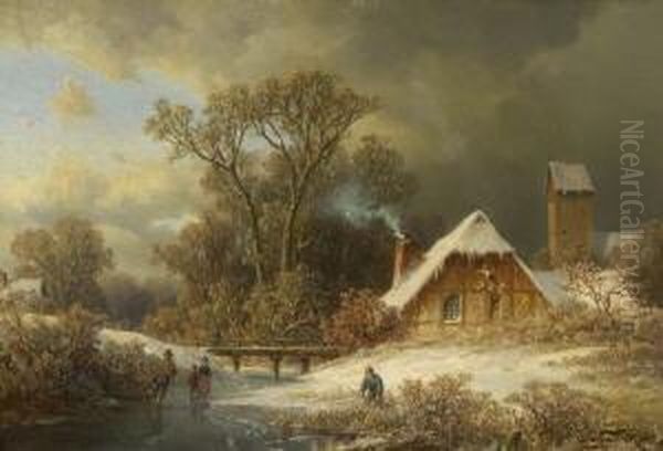 Eisvergnugen Vor Dem Dorf. Oil Painting by August Schliecker