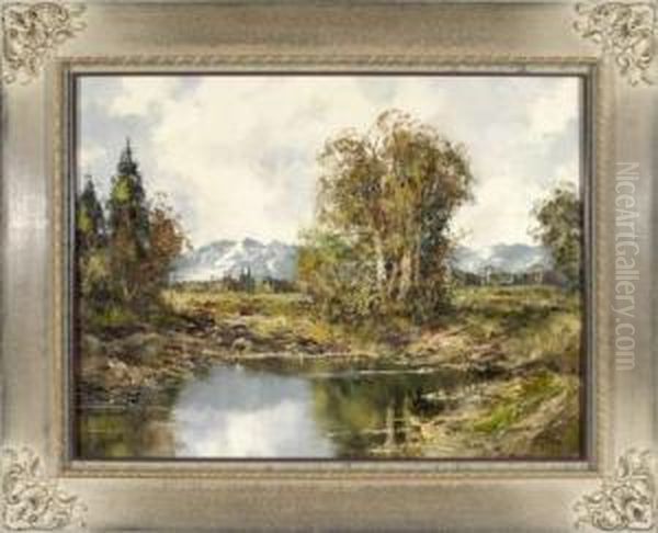 Blick Uber Einen Weiher In Bewaldeter, Voralpiner Herbstlandschaft Oil Painting by August Schmid