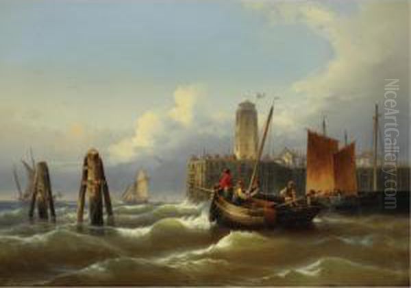 Fishing Boats On A Stormy Sea Oil Painting by Eduard Schmidt