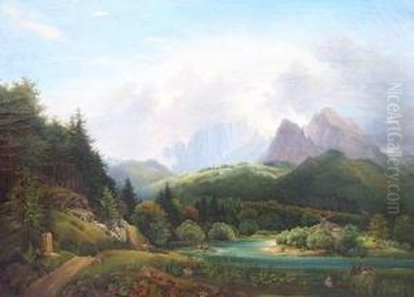 Flusslandschaft Mit Angler Und Kuhen Oil Painting by Hermann Schmidt